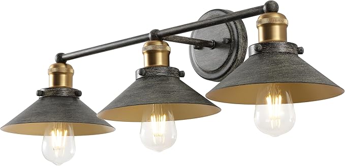 JONATHAN Y 26.5" Rustic Dark Gray/Brass Gold 3-Light Industrial Farmhouse Metal Vanity Light Wall Sconce, Metal Shade for Bathroom Mirror, Kitchen, Entryway, LED Bulb Included (JYL7428D)