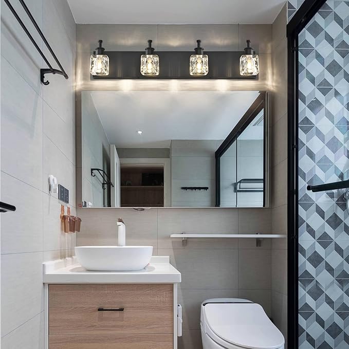 PRESDE Modern Crystal Vanity Light for Bathroom Light Fixtures Over Mirror Matte Black 4 Light Bathroom Lighting