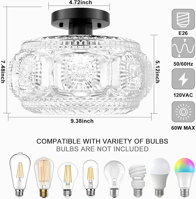 Semi Flush Mount Ceiling Light, Globe Glass Ceiling Light Fixture, Black Modern Lighting for Hallway Porch Corridor Kitchen Bedroom, Bulb Not Included
