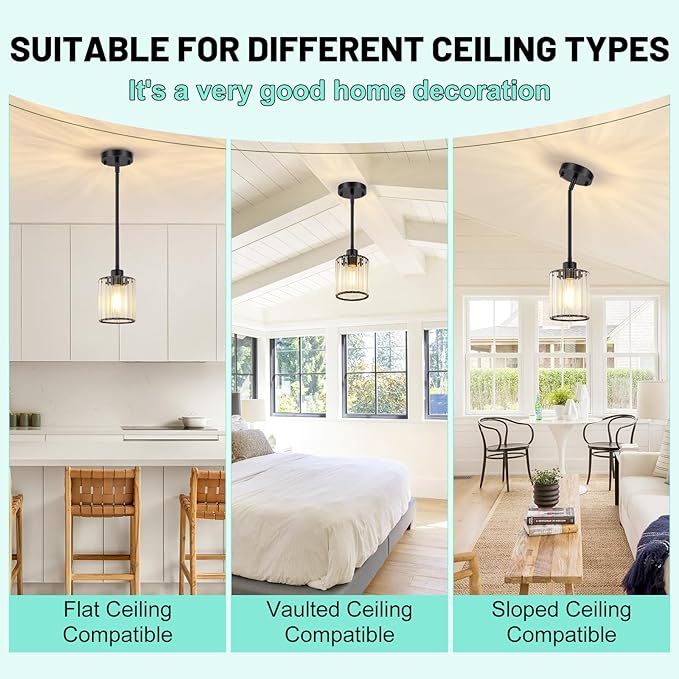 1 Pack Black Pendant Light, Modern Kitchen Island Lighting with Clear Crystal Shade, Adjustable Height Rods Hanging Light Fixtures, Mini Ceiling Pendant Lights for Sink Dining Table Hallway