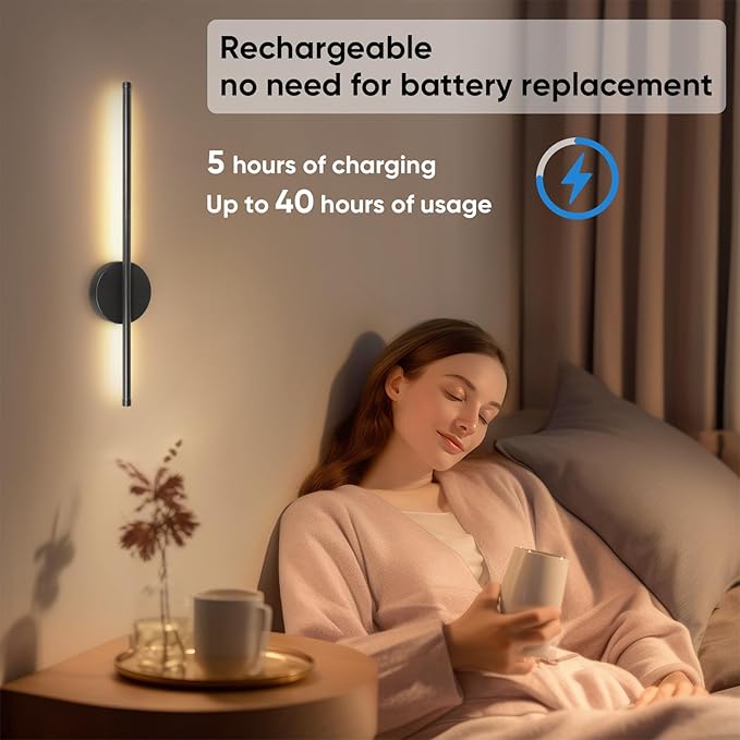 TaoFiaCo Battery Operated Wall Sconces Set of Two, Wireless Rechargeable Wall Sconces Black with Remote Control Dimmable, Cordless Wall Light Decor for Living Room, Bathroom, Hallway, Timing, 24 Inch