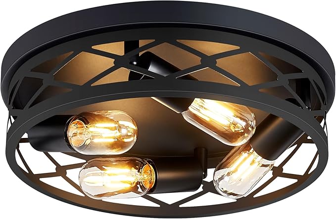 14 inch Hallway Light Fixtures Ceiling,Flush Mount Ceiling Light,4 Light Black Metal Frame,Farmhouse Flush Mount for Living Room Bedroom Kitchen Home E26 Base