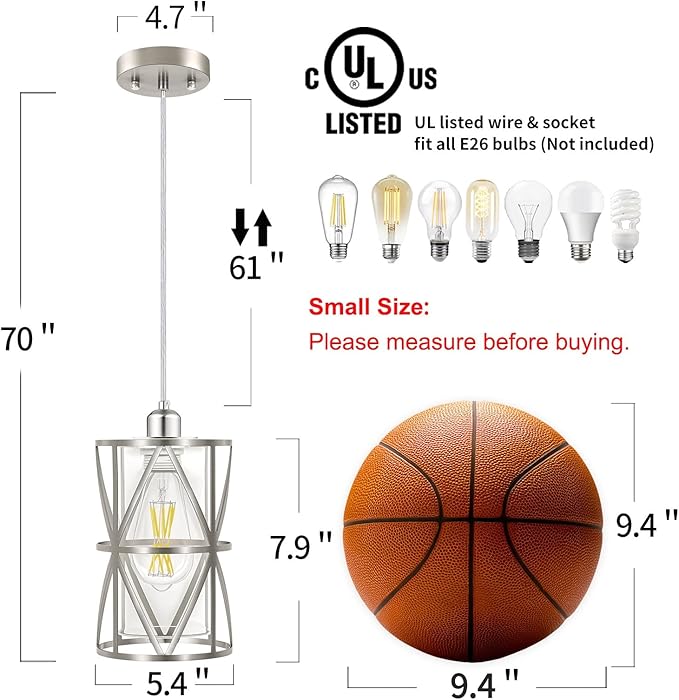 Pendant Lights Kitchen Island with Clear Glass, Brushed Nickel Pendant Lights, Cylindrical Modern Kitchen Light Fixtures, Pendant Light Over Island, Foyer, Dining Room, Entryway