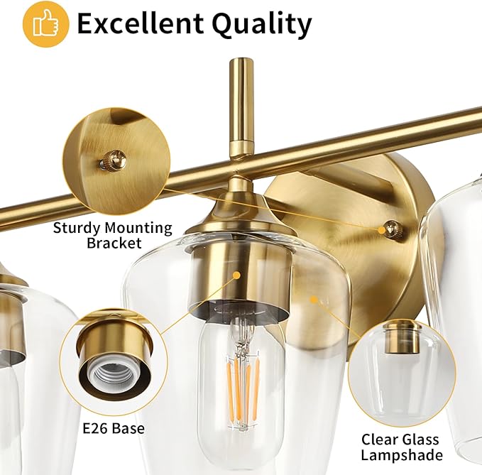 Bathroom Vanity Light Fixtures, 3-Lights Over Mirror Modern Vanity Lighting with Clear Wine Glass Shade Wall Lamp for Bedroom Hallway Living Room (Gold, 3-Light)