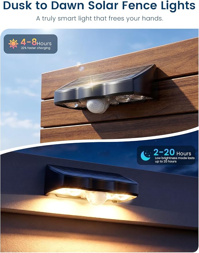 Solar Fence Lights Outdoor with Motion Sensor, 2 Pack Warm White Fence Lights Solar Powered 3 Modes IP65 Waterproof Dusk to Dawn Outdoor Lights for Patio Deck Wall Backyard Garden Decorative