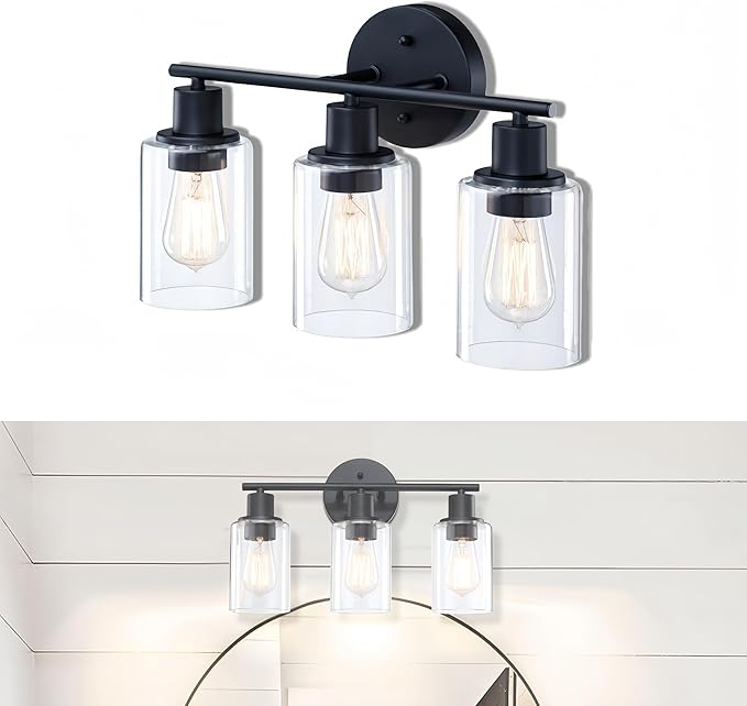WISBEAM 3-Light Vanity Light Over Mirror, Black Bathroom Wall Light Fixtures with Clear Glass Shade Including E26 Medium Base, Bulb NOT Included