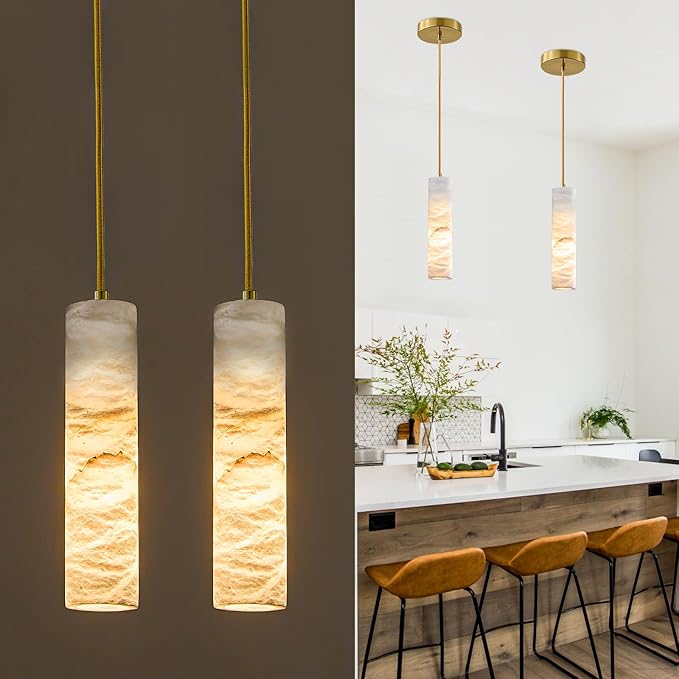 Natural Alabaster Pendant Light Fixture, Modern Marble Kitchen Island Lamp, 9.8" x 2.4" Long Tube Alabaster Chandelier, Small Pendant Light for Bedroom, Dining Room, Living Room (E12 Bulb - 2 Pack)