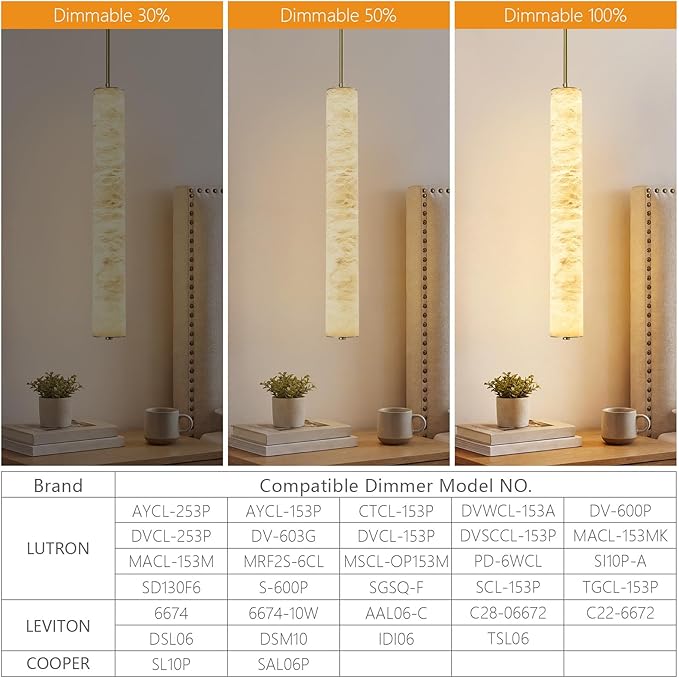 LMQNINE Natural Alabaster Pendant Lights White Marble 24" Long Tube Adjustable Boom Chandelier Modern 3000K Gold Ceiling Light for Kitchen Island Bedroom Dining Room Living Room Hallway(M-1Pack)
