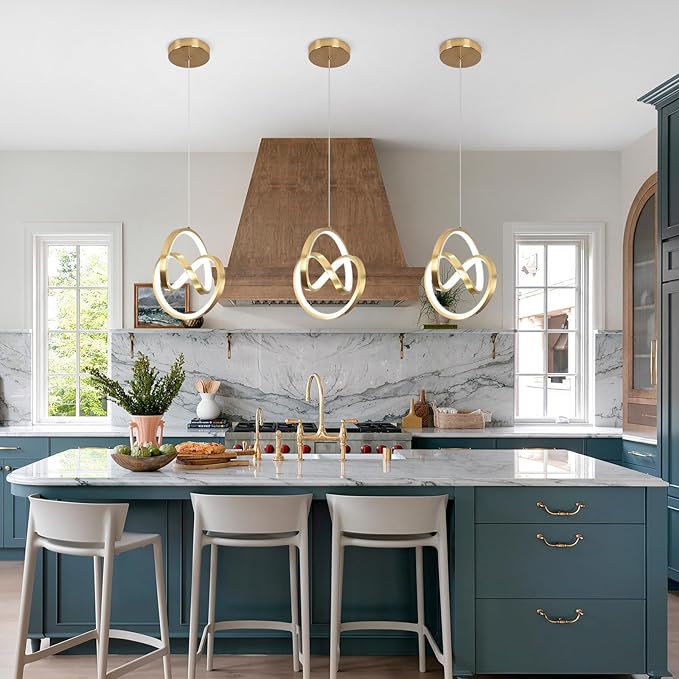 Modern LED Pendant Lights Kitchen Island, 6000K LED Chandelier Adjustable Height Gold Hanging Light Fixture Island Lights for Kitchen Dining Room Cafe Table, 1Pack
