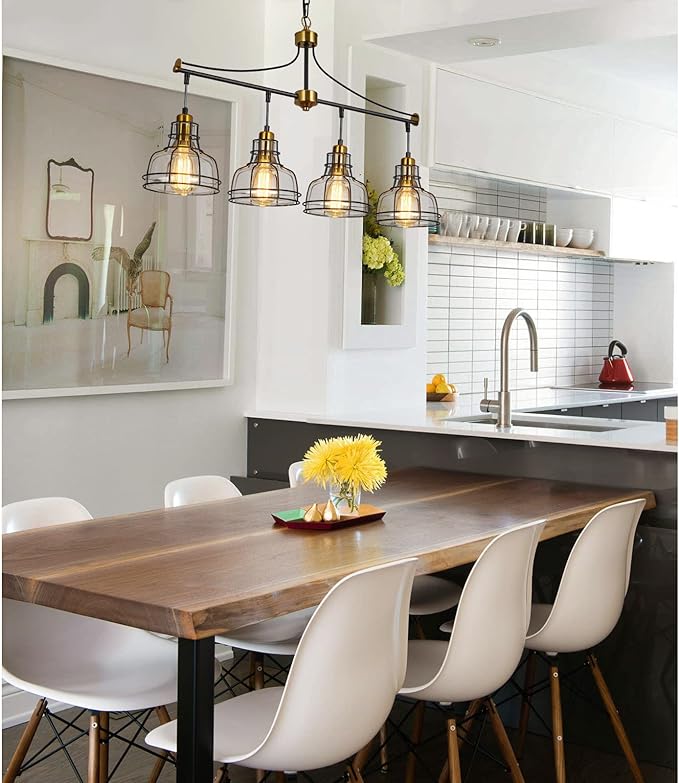 WILON Dining Room Lights, 4 Light Pendant Lighting for Kitchen Island Farmhouse Chandelier Dining Room Light Fixture, Rustic Chandelier Black Modern Pendant Lighting with Clear Glass Shades