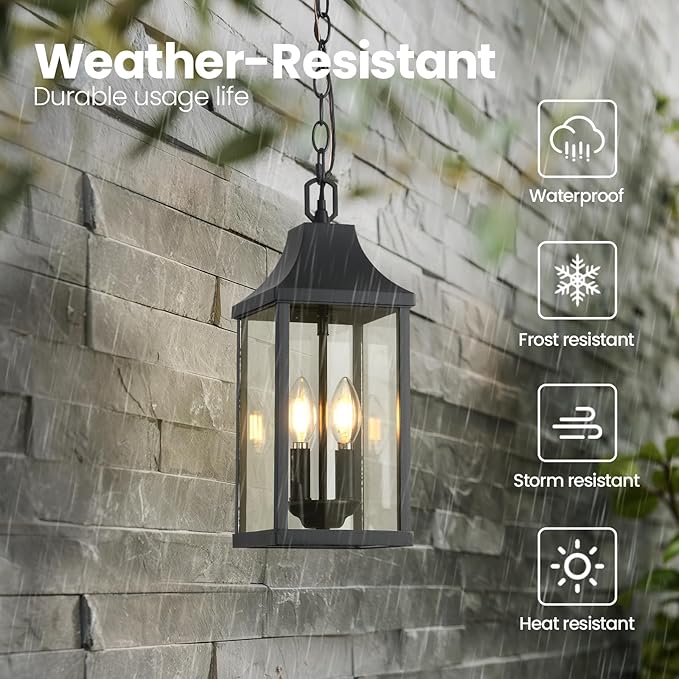 Outdoor Pendant Light Fixtures, 16'' Exterior Hanging Lantern Porch Light, Black Adjustable Hanging Lamp Farmhouse Exterior Chandelier Ceiling Mount for Entrance Patio