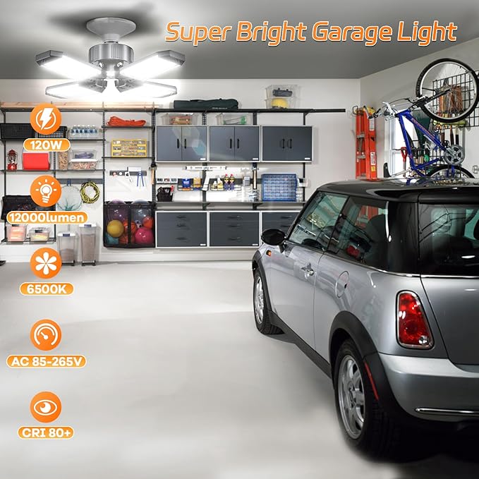 LED Garage Light - 120W Garage Lights Ceiling LED 12000LM with 4+1 Deformable Panels, Screw in Shop Lighting 6500K Fit for E26 E27 Bulb Socket, for Workshop, Barn, Basement, Attic, Bay