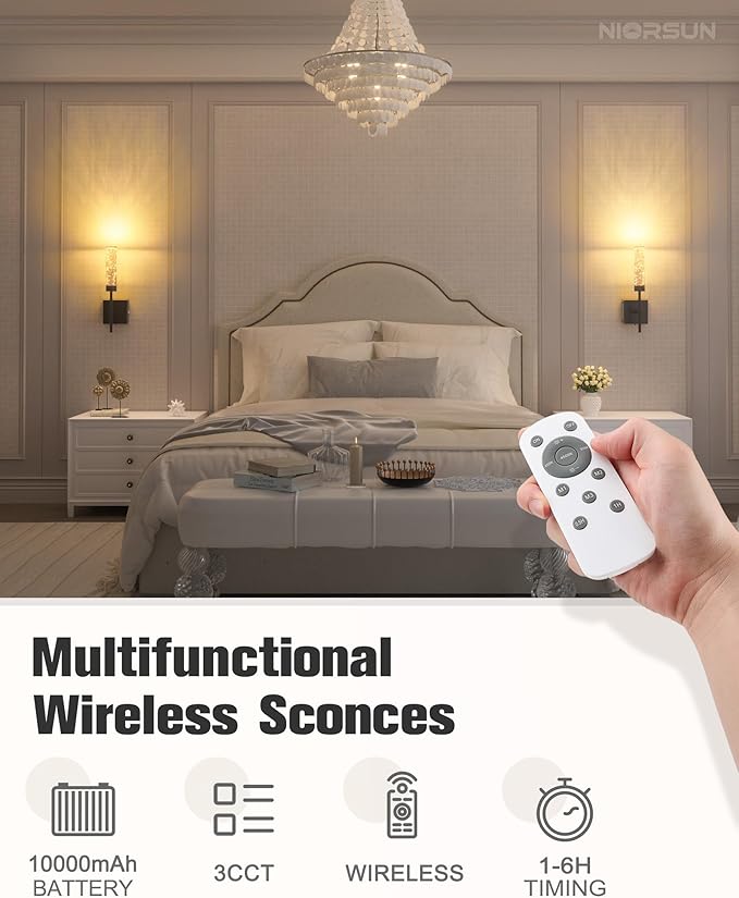 NIORSUN Crystal-Inspired Bubble Wireless Wall Sconces, 10000mAh Battery Operated Wall Sconces Set of 2, 3 Color Temps Rechargeable Wall Lights with Remote, Dimmable Wall Lamp for Living Room Bedroom