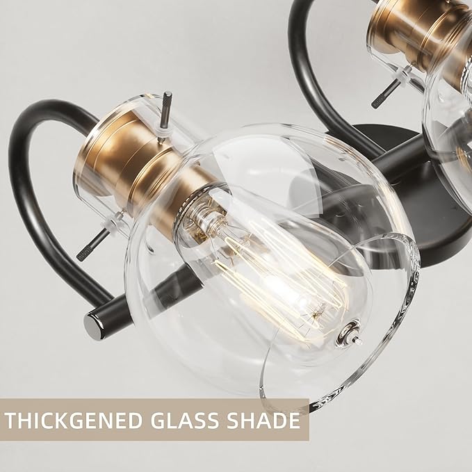 Bathroom Light Fixtures, Black and Copper 3 Light Bathroom Vanity Light, Modern Wall Sconce Black with Red Copper, Vanity Lights Over Mirror with Globe Glass Shade and Metal Base