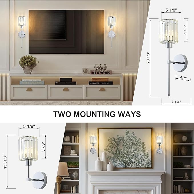 KARTOOSH Hardwired Crystal Wall Sconces Set of Two - Dimmable Wall Light Fixtures 3000K, Warm White, for Hallway, Bathroom, Living Room, Bedroom, Chrome, 20.1 Inch