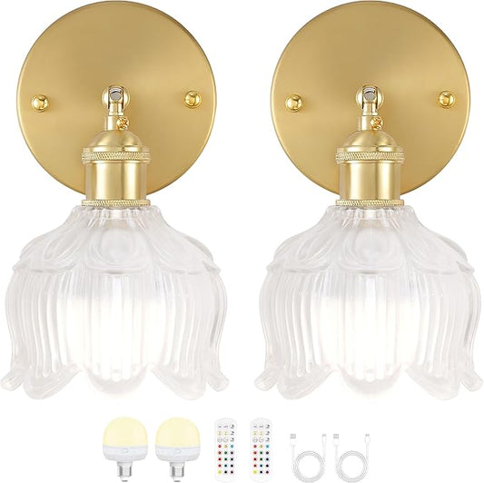 Vintage Battery Wall Sconce with Flower lampshade,Rechargeable Battery Powered Wall Lights,Wall lamp with 15 Colors for Bedroom Living Room Home Decor (Flower White, 2 Light Battery Operated)