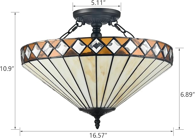 16.6-Inch Tiffany Style Semi Flush Mount Ceiling Light Vintage 3-Light Tiffany Ceiling Light Fixture Stained Glass Flush Mount Ceiling Light for Living Room Bedroom Hallway Staircase Foyer