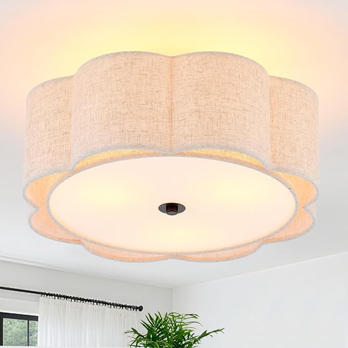 Semi Flush Mount Ceiling Light, Beige Linen Fabric Shade Ceiling Light, Black Modern Farmhouse Close to Ceiling Light for Bedroom, Hallway, Living Room, Dining Room, Laundry Room