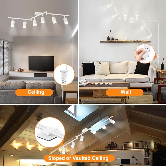 Plug in Track Lighting Kit, 120cm LED 6 Light Kitchen Track Lighting Corded Wall Light with 16.4ft Cord 6 Way Ceiling Spot Lighting Flexibly Rotatable Head Includes 6xGU10 Bulb (6 White-Acrylic-120cm)