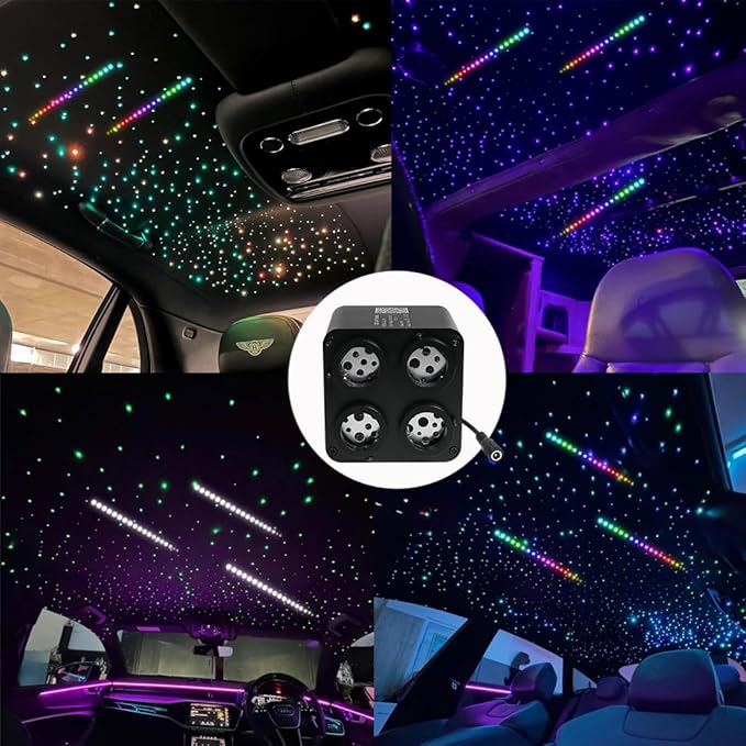 AMKI Updated 4Color Meteor Twinkle 36w Starlight Headliner Kits 1080pcs 0.03in 13.1ft, 240pcs RGB Meteor Shooting Star Cable, 2 in 1 Fiber Optic Light Box RGBW Sound Activated Mode for Car& Home Decor