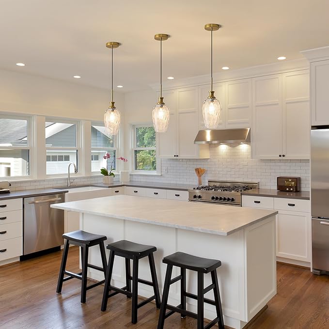 Modern Kitchen Pendant Lights,1-Light Brass Color Pendant Light Fixtures with Hand-Blown Clear Glass Light Fixture for Kitchen Island Sink Dining Room Bedroom Hallway, E26 Bulb Not Includes