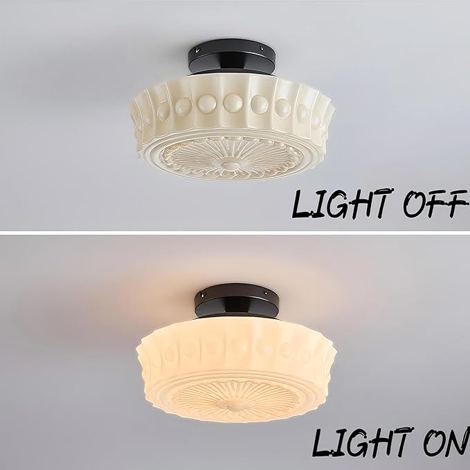 LIGHTLAND Milk Glass Ceiling Light, 13.8 Inch Mid Century Semi Flush Mount Ceiling Light Fixture, Vintage Chandelier for Bedroom, Living Room, Dining Room, Hallway (Style B, Cream)