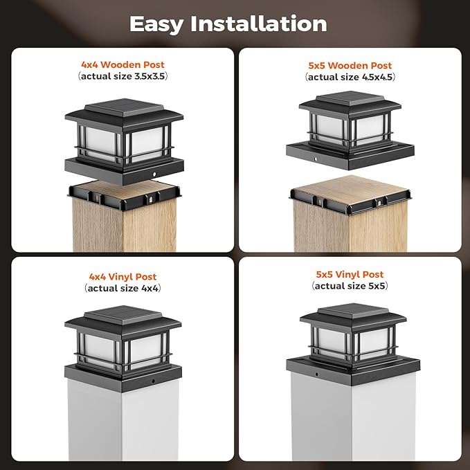 JOFIOS Flickering Flame Solar Post Cap Lights Outdoor, Black Post Lights with 3 Color Temperature, Fits 3.5" 4" 4.5" 5" Wood/Vinyl Posts, IP64 Waterproof Fence Deck Lights for Garden Patio Yard 6 Pack