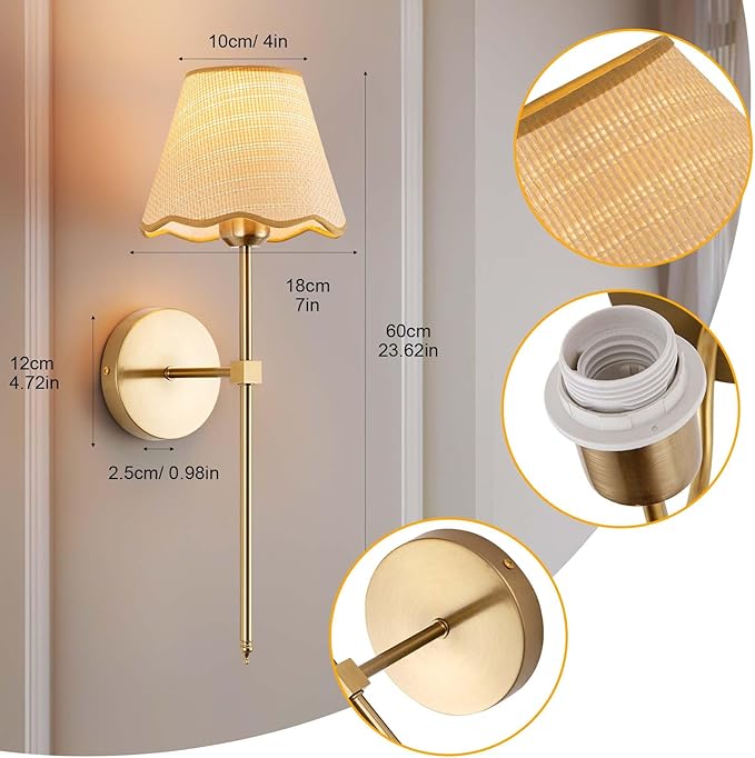ADISUN Battery Operated Wall Sconce Set of 2, Gold Wall Lamps Rechargeable Bulbs for Living Room, Rattan Shade Wireless Wall Lights for Bedroom Living Room Hallway Kitchen(2 Bulbs Included)