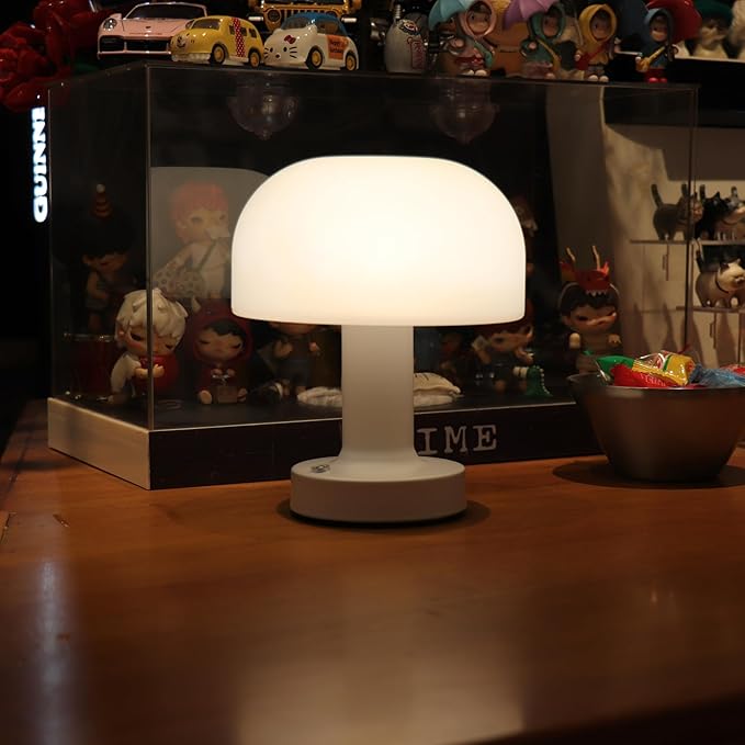 HAPYGI Small Mushroom Table Lamp, Cordless Night Light with 2600mAh Rechargeable Battery, Stepless Dimming Desk Lamp with 3 Colors for Bedroom/Patio/Living Room (White-1)