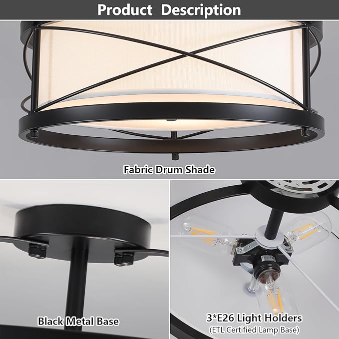 Modern Flush Mount Ceiling Light, 3-Light Black Metal White Fabric Shade Close to Ceiling Light Fixture for Kitchen Dining Room Bedroom Living Room Foyer E26 Base (Not Included Bulb)