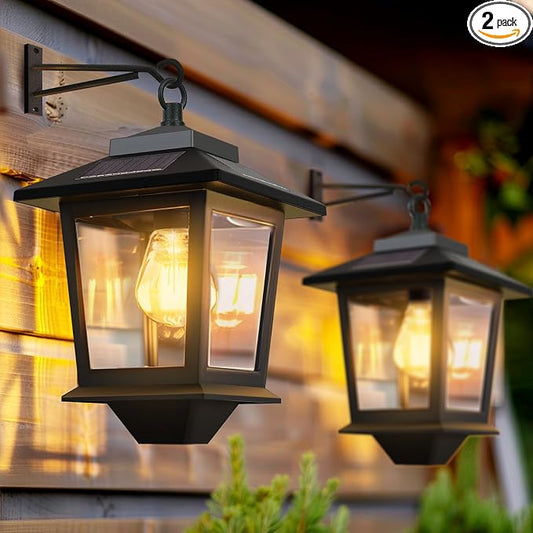 PASAMIC 2 Pack Solar Wall Lanterns,Outdoor Hanging Lights with 4 Solar Panels,Dusk to Dawn Led Outdoor Wall Sconce, Anti-Rust Waterproof Lanterns with Hooks,3000K Warm White