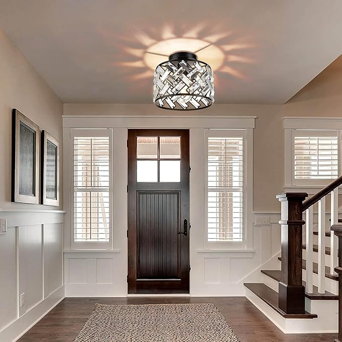 FRIDEKO HOME Crystal Light Fixture Ceiling Mount - Black Hallway Light Fixtures Crystal Semi Flush Mount Ceiling Lights for Kitchen Bedroom Bathroom Entryway（8.86 Inch, Bulb not Included）