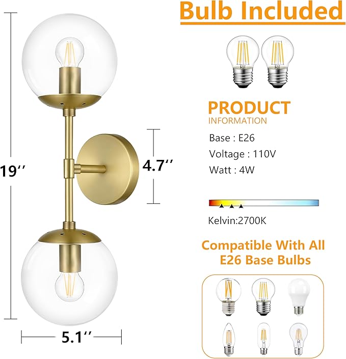 KoKo&Yukina Mid Century Modern Bathroom Vanity Light, 2 Light Globe Sconce, Gold, W 7.7'' x H 19'' x D4.7''