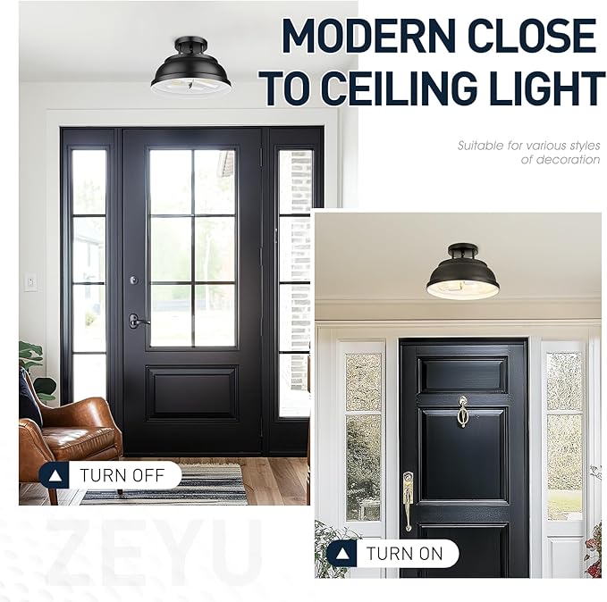 zeyu 12'' Industrial Semi Flush Ceiling Light, 2-Light Flush Mount Ceiling Lamp for Bedroom Dining Room, Metal Dome Shade in Black Finish, ZY29-F BK