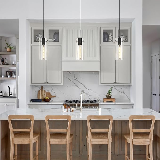 Black Glass Pendant Lights for Kitchen Island, Modern Ribbed Glass Pendant Lighting, Adjustable Cord Single Hanging Light Fixture for Dining Room, Bedroom, Bathroom