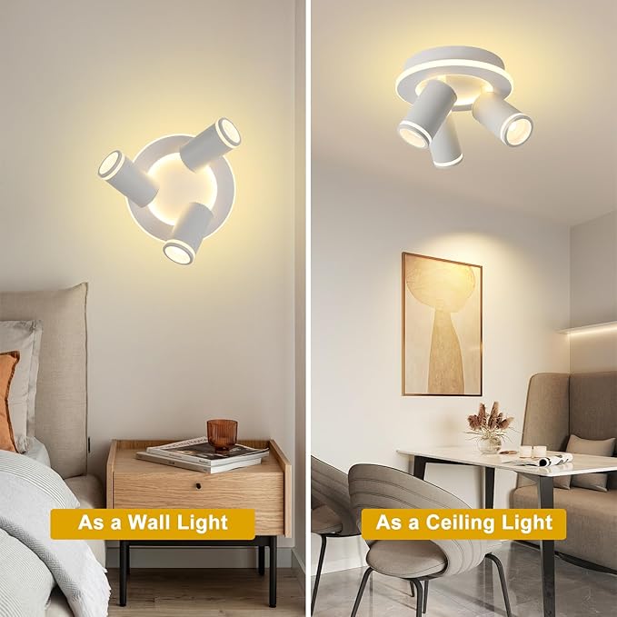 LED 3 Light Track Lighting Kit, White Round Ceiling Spot Lighting Fixture with Flexibly Rotatable Heads, Modern Spotlight for Kitchen, Living Room, Bedroom, Dual Lighting Design,Includes 3 x GU10 Bulb