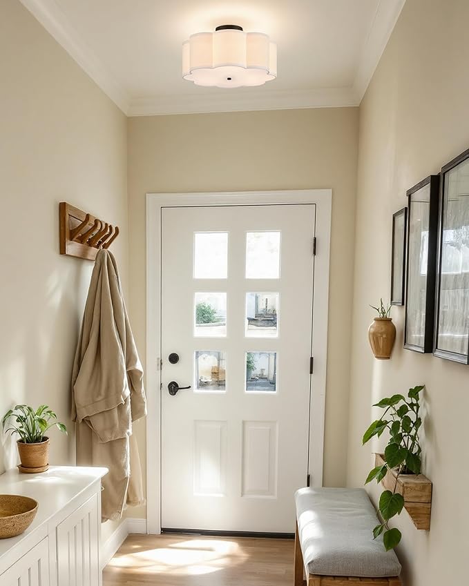 VONLUCE Semi-Flush Mount Ceiling Light, 15.7" Modern 3-Light Ceiling Light Fixture with White Petal-Shaped Shade 3 E26 Sockets for Bedroom Entryway Living Room, Black Finish, ETL Certificated