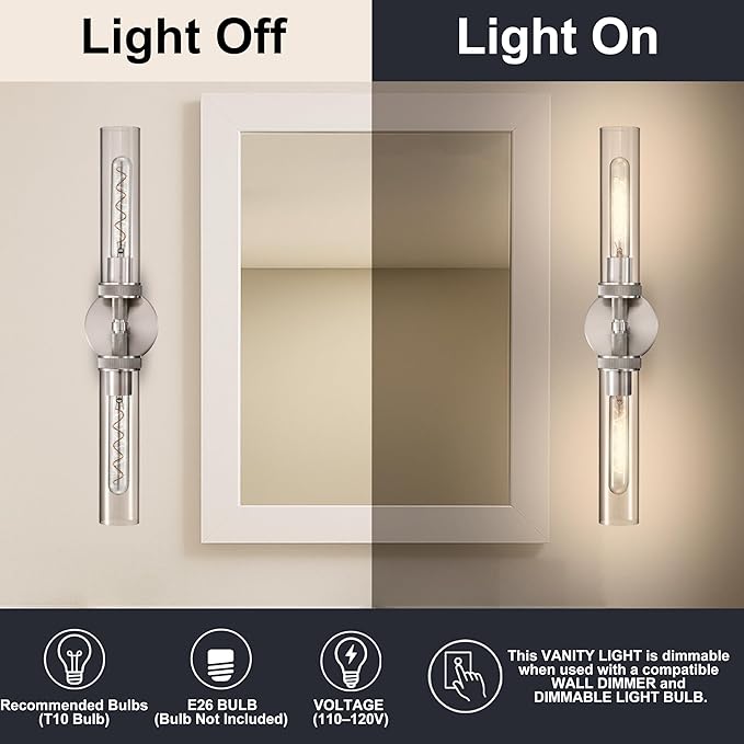 LaLuLa 2-Pack Vanity Lights for Bathroom – Brushed Nickel 2-Light Wall Sconces with Knurled Texture and Clear Glass Shades, Modern Chrome Bathroom Light Fixtures Over Mirror, 25 Inch