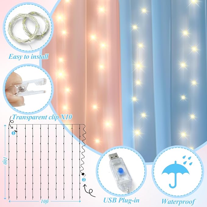 Ledido 10×10ft Pink Blue Tulle Backdrop Curtains with Lights String - 300LED Fairy Lights Sheer Curtain Backdrop for Gender Reveal Baby Shower Photo Shoot Birthday Party Decoration(2 Panels 5×10ft)