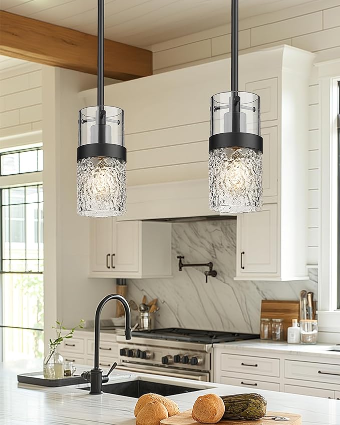 LMS Glass Pendant Lights Kitchen Island 2-Pack, Modern Black Pendant Light Set of 2 with Hammered Glass and Rods, Mini Hanging Lighting for Kitchen Island, Bathroom, Bedroom, LMS-201
