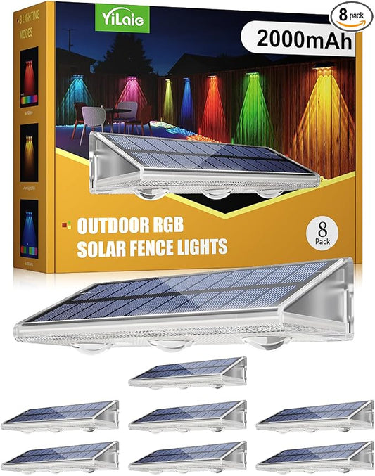 YiLaie Solar Fence Lights Outdoor with IP67 Waterproof, RGB Multi Color & Dusk to Dawn Auto ON/Off Solar Power Wall Mount Solar Lights for Outside Fence Wall Deck Gate (8 Pack)