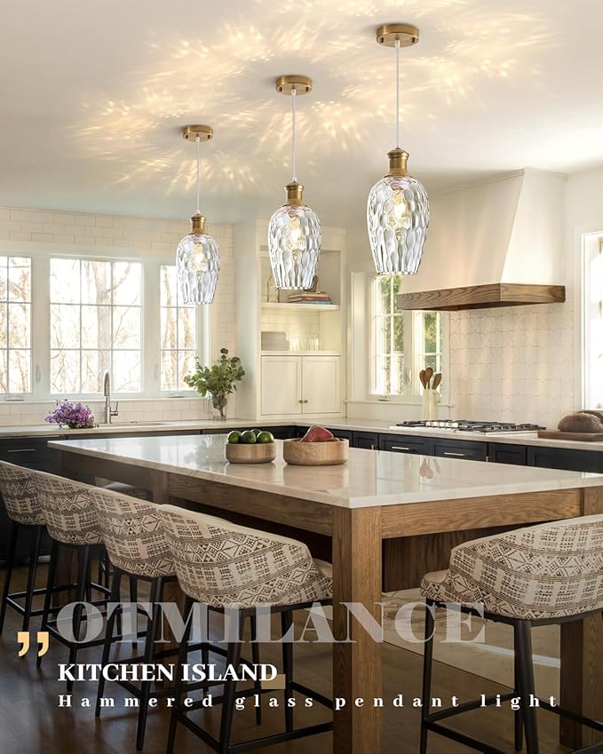 Gold Pendant Lights Kitchen Island, 6.3”Clear Hammered Glass Pendant Lights, Blown Glass Farmhouse Pendant Light 1-Pack, Kitchen Hanging Light for Kitchen Island, Living Room, Cafe