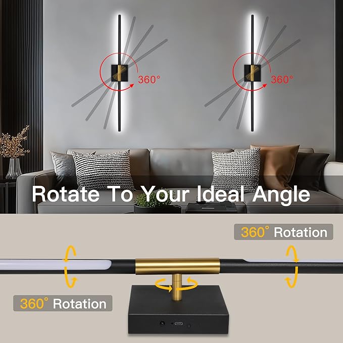 TaoFiaCo Battery Operated Wall Sconces Set of Two, Battery Wall Sconce with Remote Control, Black Gold Modern LED Rechargeable Wireless Sconces, Wall Lights for Bedroom, Living Room, 2Pack, 31.5Inch