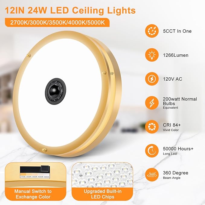 24W LED Motion Sensor Outdoor Ceiling Light, 12IN 2700K/3000K/3500K/4000K/5000K Adjustable Ceiling Lights, Dusk to Dawn Flush Mount LED Ceiling Light Fixture for Porch, Garage, Gold