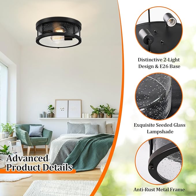 Black Flush Mount Ceiling Light Fixture, Farmhouse Light Fixture with Seeded Glass Lampshade, 2-Light Industrial Close to Ceiling Lighting for Hallway, Kitchen, Entryway, Foyer(Bulb Not Included)
