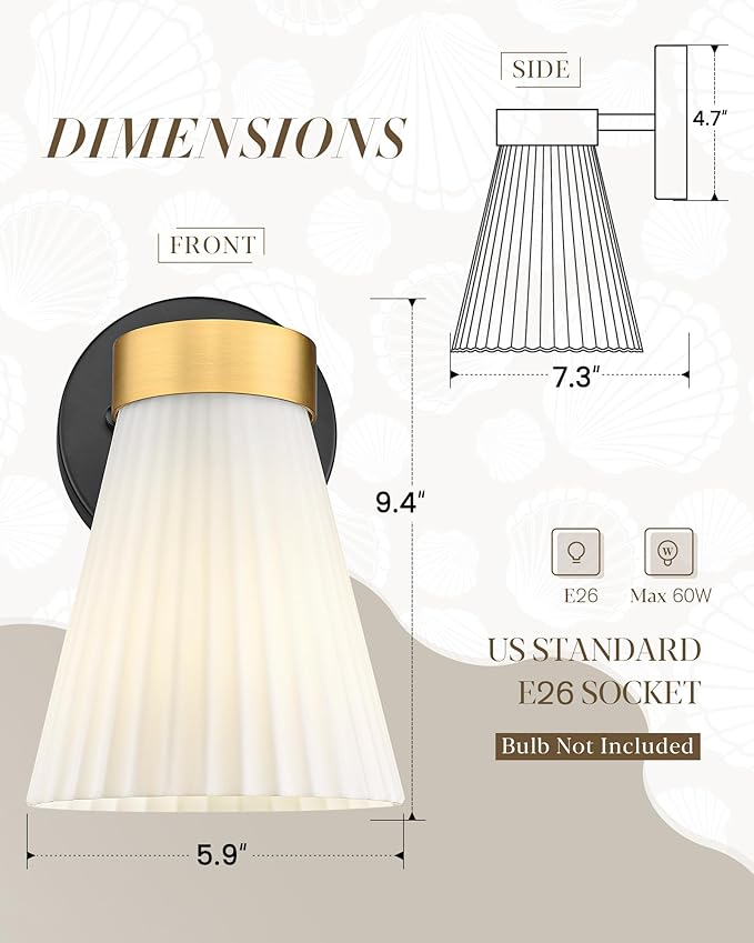 1-Light Bathroom Wall Sconce, HWH Black and Gold Wall Sconce with Frosted Milk White Striped Glass, Modern Bathroom Light Fixture for Bathroom Bedroom, 5HZG97B BK+BG