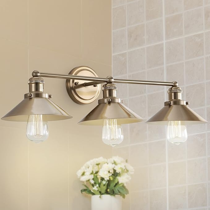 JONATHAN Y 26.5" Brass Gold 3-Light Industrial Farmhouse Metal Vanity Light Wall Sconce, Metal Shade for Bathroom Mirror, Kitchen, Entryway, LED Bulb Included (JYL7431A)