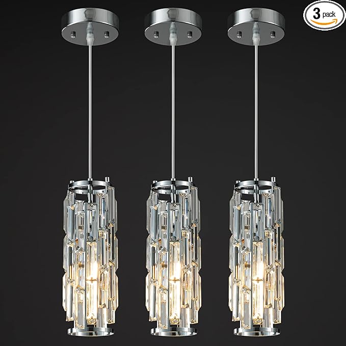 LMQNINE Pendant Lights Modern Chrome Pendant Light Mini Crystal Chandelier Pendant Lighting for Kitchen Island Dinning Room Bedroom Kitchen Sink Lighting (Chrome 3-Pack)