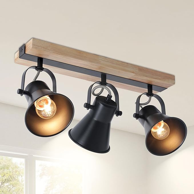 SEEBLEN 3-Lights Track Lighting Fixtures Ceiling，Farmhouse Wood Flush Mount Ceiling Light, Multi-Directional Kitchen Sink Light, Rustic Track Lighting for Kitchen Living Room, Dining Table, Foyer