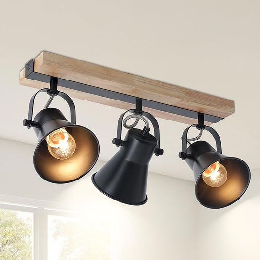 SEEBLEN 3-Lights Track Lighting Fixtures Ceiling，Farmhouse Wood Flush Mount Ceiling Light, Multi-Directional Kitchen Sink Light, Rustic Track Lighting for Kitchen Living Room, Dining Table, Foyer